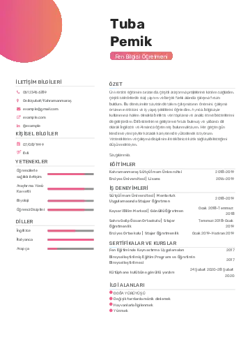 Fen Bilgisi Öğretmeni CV Örnekleri cv indir